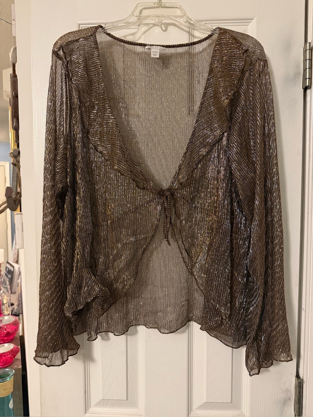 Cato Metallic Bronze Sheer Tie-Front Blouse